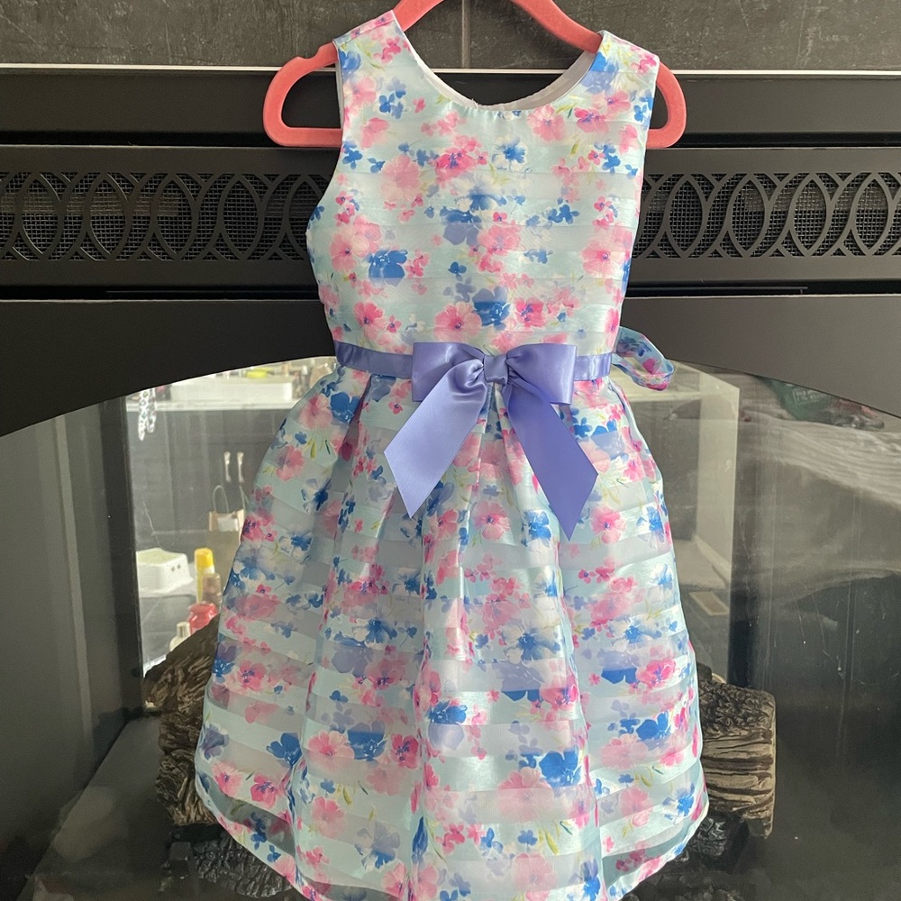 Jona Michelle Pastel Floral Sleeveless Dress with Lavender Bow